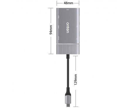Hub USB-C Onten OT-95113, 2 x USB-A - USB-C - HDMI - VGA - SD - microSD - Jack 3.5mm, Gri