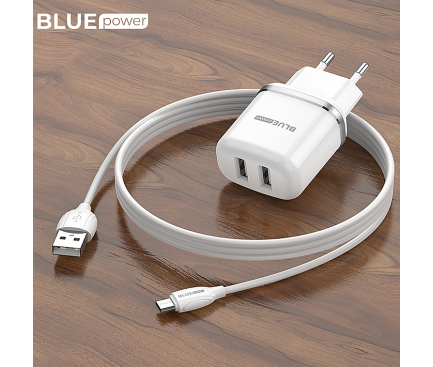 Incarcator Retea cu Cablu microUSB BLUE Power BMBA25A, 12W, 2.4A, 2 x USB-A, Alb