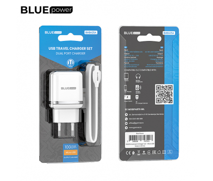 Incarcator Retea cu Cablu microUSB BLUE Power BMBA25A, 12W, 2.4A, 2 x USB-A, Alb