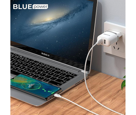 Incarcator Retea cu Cablu USB-C BLUE Power BCBA25A, 12W, 2.4A, 2 x USB-A, Alb