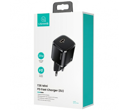 Incarcator Retea USB Usams T36 Mini, 1 X USB Tip-C, 20W, Power Delivery, Negru CC124TC01