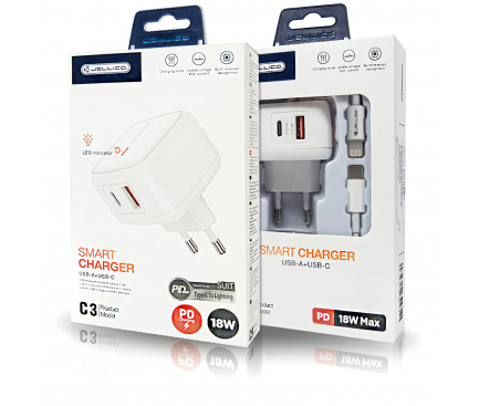 Incarcator Retea cu cablu Lightning JELLICO C3, 1 X USB - 1 X USB Tip-C, 18W, Quick Charge, Alb