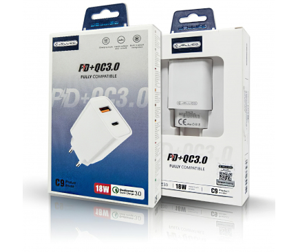 Incarcator Retea USB JELLICO C9, 1 X USB - 1 X USB Tip-C, 18W, Alb