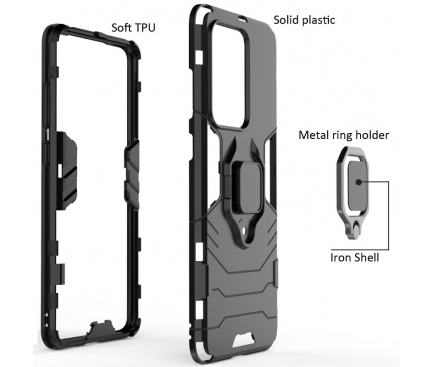 Husa Plastic - TPU OEM Ring Tough Armor Kickstand pentru Samsung Galaxy S20 Ultra G988, Neagra