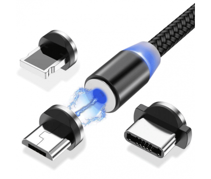 Cablu Incarcare USB-A - Lightning / microUSB / USB-C WZK Magnetic, 18W, 1m, Negru WMC-01