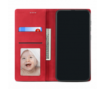 Husa Piele OEM Skin Feel Magnetic pentru Samsung Galaxy A20e, cu suport carduri, Rosie