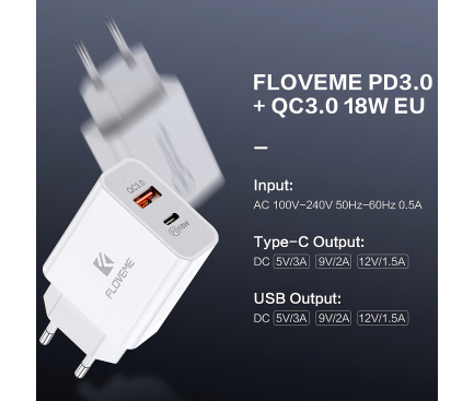 Incarcator Retea USB Floveme Travel, 1 X USB - 1 x USB Type-C, Quick Charge, 18W, Alb