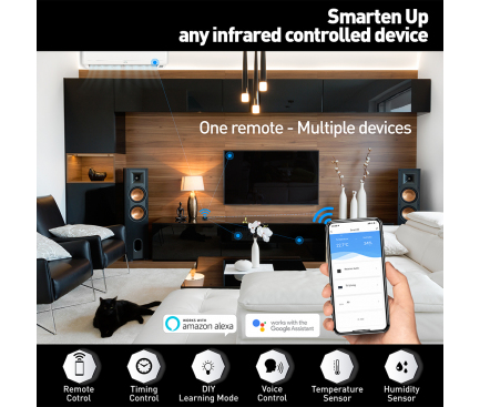 Hub Telecomanda Tellur Smart Home, WiFI, IR, Senzor Umiditate / Temperatura, Alexa / Google Home, Negru TLL331241
