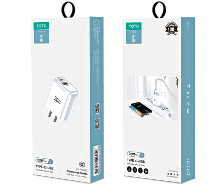 Incarcator Retea USB Totu Design CACQ-012, 1 X USB - 1 X USB Tip-C, Quick Charge, 20W, Alb