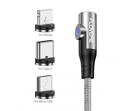 Cablu Incarcare USB - Lightning / USB Type-C / MicroUSB Floveme YXF212896, 1 m, 2.1A, Elbow Head, Argintiu