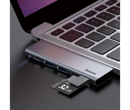 Hub USB Baseus Harmonica, 5in1 (Type-C to 2x USB3.0 / TF / SD / Typ C), Gri CAHUB-K0G