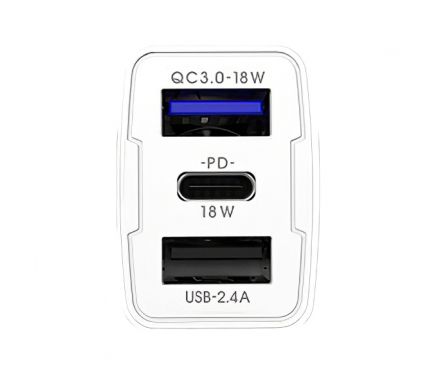 Incarcator Auto USB Proda PD-C31, 1 X USB Tip-C - 2 X USB, Quick Charge, 18W, Alb