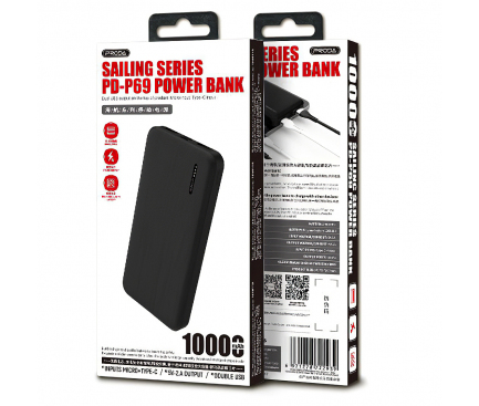Baterie Externa Powerbank Proda Azeada PD-P69, 10000 mA, Standard Charge (5V), 2A, Neagra
