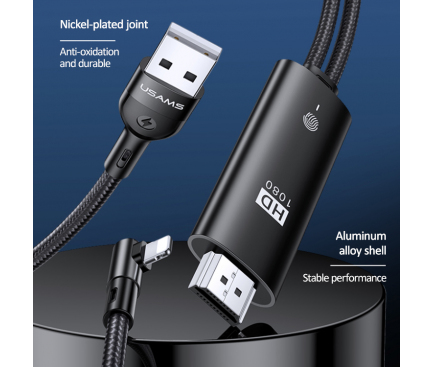 Cablu Audio si Video USB / Lightning la HDMI Usams U53, 2 m, Conector L, Negru SJ442HD01
