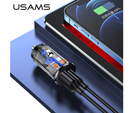 Incarcator Auto USB Usams C25, 1 X USB - 1 X USB Tip-C, Quick Charge, 42.5W, Albastru Transparent CC127CC01