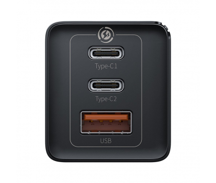  Incarcator Retea USB Baseus GaN, 1 X USB - 2 x USB Tip-C, 65W, Quick Charge, Negru CCGAN2P-B01