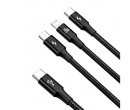 Cablu Incarcare USB Type-C - Lightning / MicroUSB / USB Type-C Baseus Rapid, 1.5 m, 20W, Negru CAMLT-SC01 