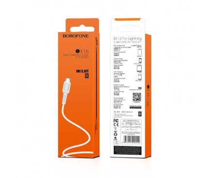 Cablu Date si Incarcare USB la MicroUSB Borofone BX16, 1 m, 2A, Alb 