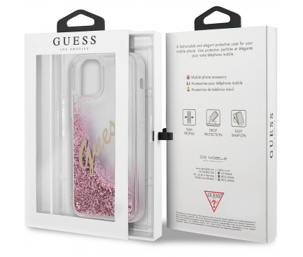 Husa Plastic - TPU Guess Liquid Glitter Vintage Script pentru Apple iPhone 12 Pro Max, Roz GUHCP12LGLVSPI 