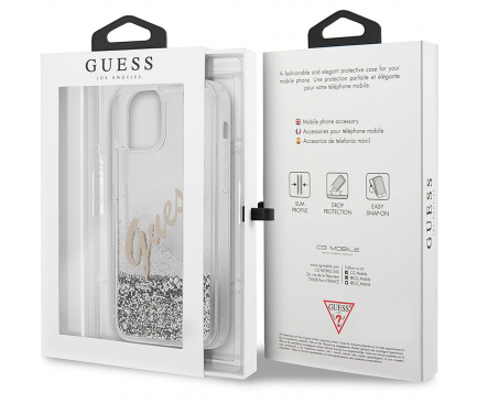Husa Plastic - TPU Guess Liquid Glitter Vintage Script pentru Apple iPhone 12 mini, Argintie GUHCP12SGLVSSI 