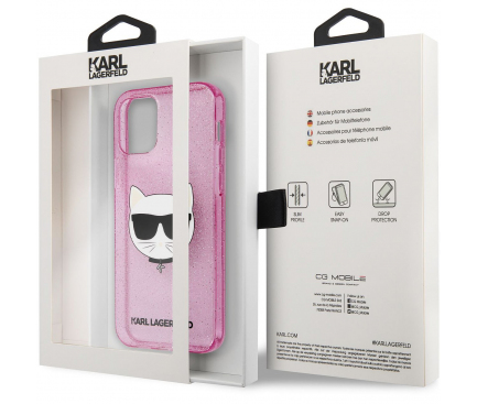 Husa TPU Karl Lagerfeld Choupette Head Glitter pentru Apple iPhone 12 mini, Roz KLHCP12SCHTUGLP 