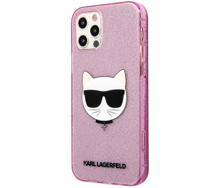 Husa TPU Karl Lagerfeld Choupette Head Glitter pentru Apple iPhone 12 / Apple iPhone 12 Pro, Roz KLHCP12MCHTUGLP 