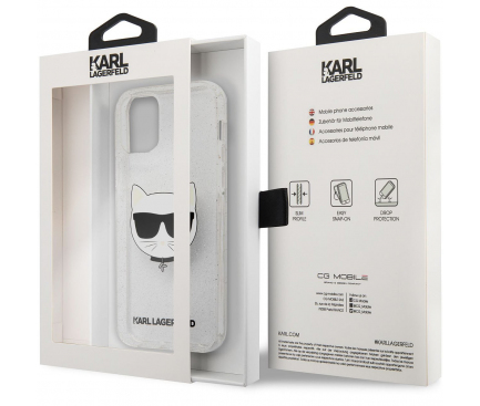 Husa TPU Karl Lagerfeld Choupette Head Glitter pentru Apple iPhone 12 / Apple iPhone 12 Pro, Argintie KLHCP12MCHTUGLS 