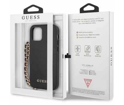 Husa Piele Guess Saffiano Gold Chain pentru Apple iPhone 12 / Apple iPhone 12 Pro, Neagra GUHCP12MSASGBK 