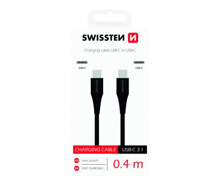 Cablu Date si Incarcare USB Type-C la USB Type-C Swissten, 0.4 m, Negru 
