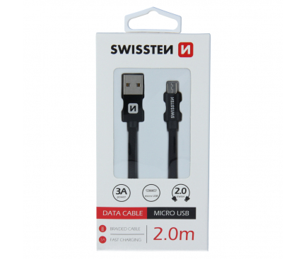 Cablu Date si Incarcare USB la MicroUSB Swissten Textile, 2 m, Negru 