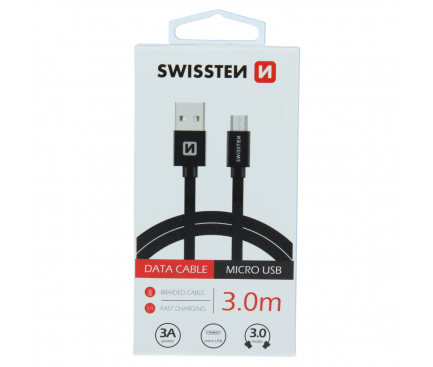 Cablu Date si Incarcare USB la MicroUSB Swissten Textile, 3 m, Negru 