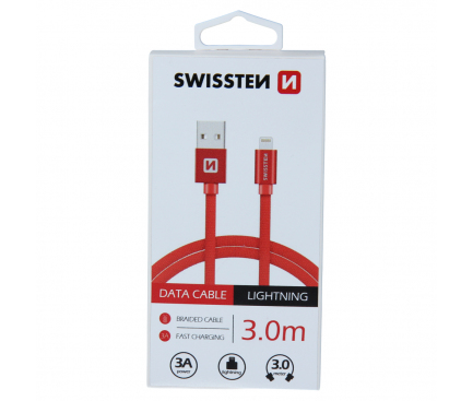Cablu Date si Incarcare USB la Lightning Swissten Textile, 3 m, Rosu 