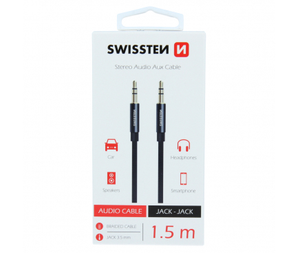 Cablu Audio 3.5 mm la 3.5 mm Swissten Textile, TRS - TRS, 1.5 m, Negru 