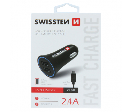 Incarcator Auto cu cablu MicroUSB Swissten, 2.4A, 2 X USB, Negru