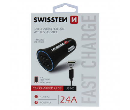 Incarcator Auto cu cablu USB Tip-C Swissten, 2.4A, 2 X USB, Negru 