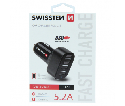 Incarcator Auto USB Swissten, 5.2A, 3 x USB, Negru 