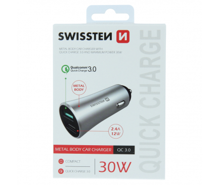 Incarcator Auto USB Swissten, Quick Charge, 30W, 2 X USB, Argintiu