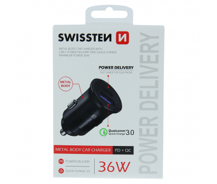 Incarcator Auto USB Swissten, Quick Charge, 36W, 1 X USB - 1 X USB Tip-C, Negru 