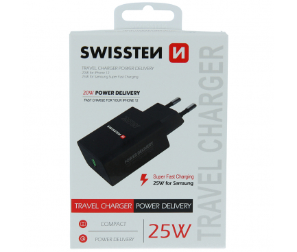 Incarcator Retea USB Swissten, Quick Charge, 25W, 1 X USB Tip-C, Negru 
