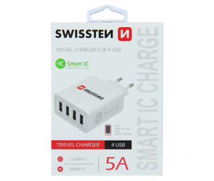 Incarcator Retea USB Swissten Smart IC, 5A, 4 x USB, Alb 
