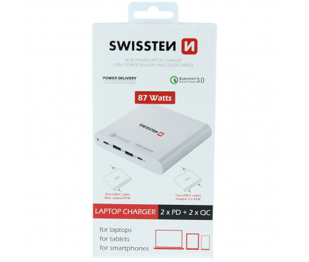 Incarcator Retea Statie USB Swissten, Quick Charge, 87W, 2 X USB - 2 x USB Tip-C, Alb 