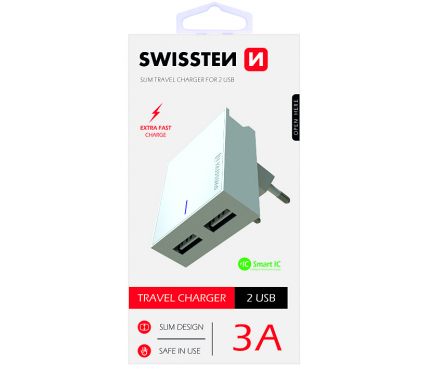 Incarcator Retea USB Swissten Travel Smart IC, Suport Device, 3A, 2 X USB, Alb
