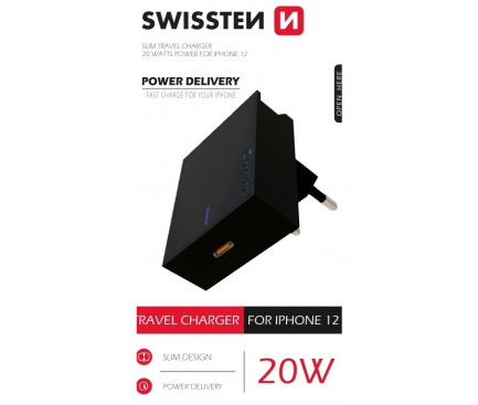 Incarcator Retea USB Swissten, Suport Device, Quick Charge, 20W, 1 X USB Tip-C, Negru