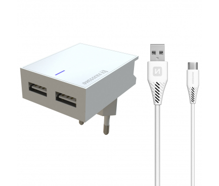Incarcator Retea cu cablu USB Tip-C Swissten Smart IC, Suport Device, 3A, 2 X USB, Alb 