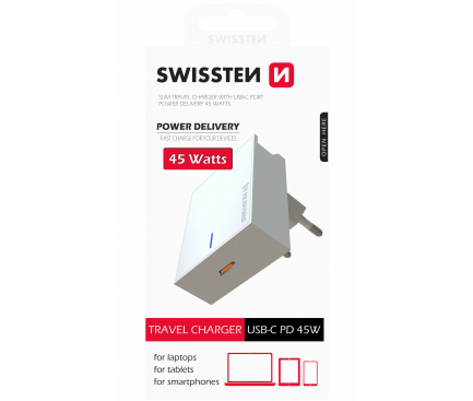 Incarcator Retea USB Swissten, Suport Device, Quick Charge, 45W, 1 X USB Tip-C, Alb 