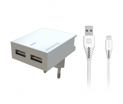 Incarcator Retea cu cablu Lightning Swissten Smart IC, Suport Device, 3A, 2 X USB, Alb 