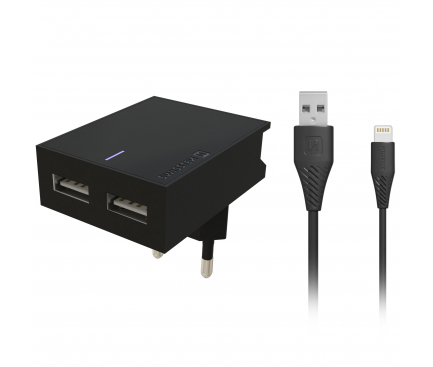 Incarcator Retea cu cablu Lightning Swissten Smart IC, Suport Device, 3A, 2 X USB, Negru