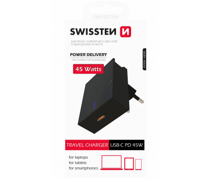 Incarcator Retea USB Swissten, Suport Device, Quick Charge, 45W, 1 X USB Tip-C, Negru 