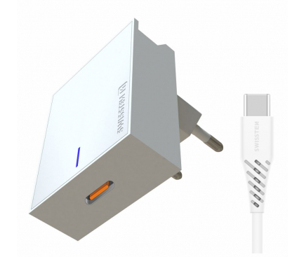 Incarcator Retea cu cablu USB Tip-C Swissten, Suport Device, Quick Charge, 25W, 1 x USB Type-C, Alb