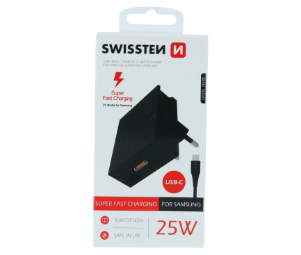 Incarcator Retea Cu Cablu USB Tip-C Swissten, Suport Device, Quick Charge, 25W, 1 X USB Type-C, Negru 